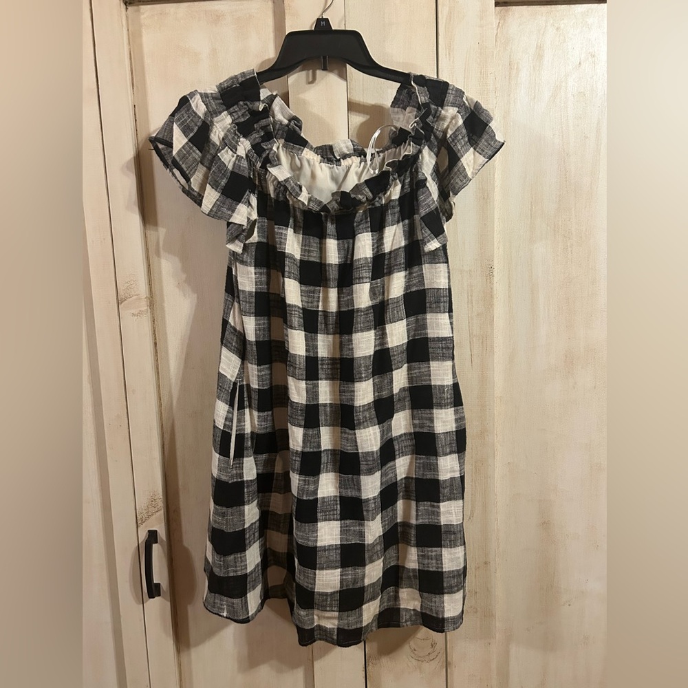 Off Shoulder Buffalo Plaid Dress: S